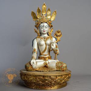 White Tara Statue | Gold-Plated Copper with Silver Dust