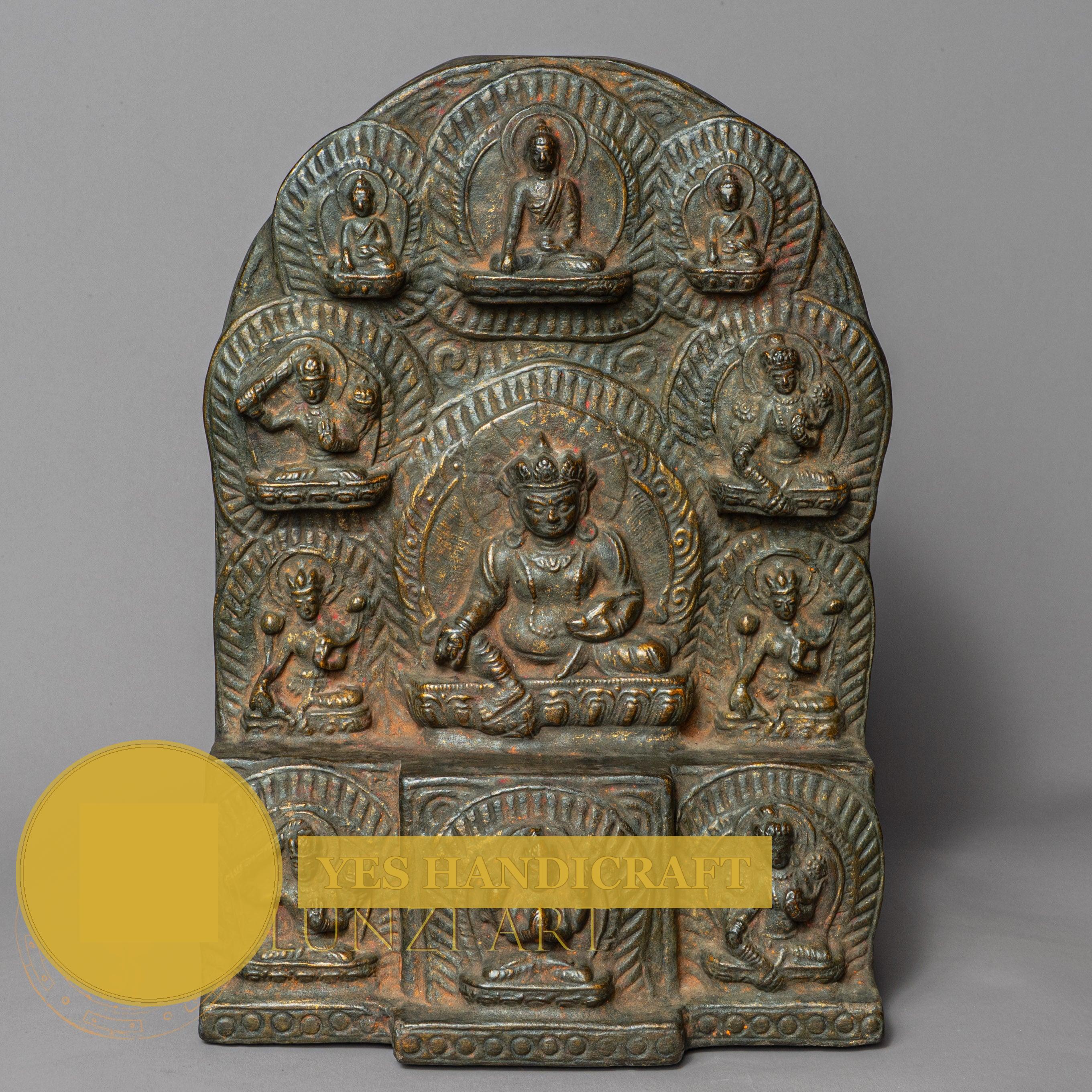 Jambhala Temple Altar | Hand-Carved Wood & Clay Multi-Deity Relief