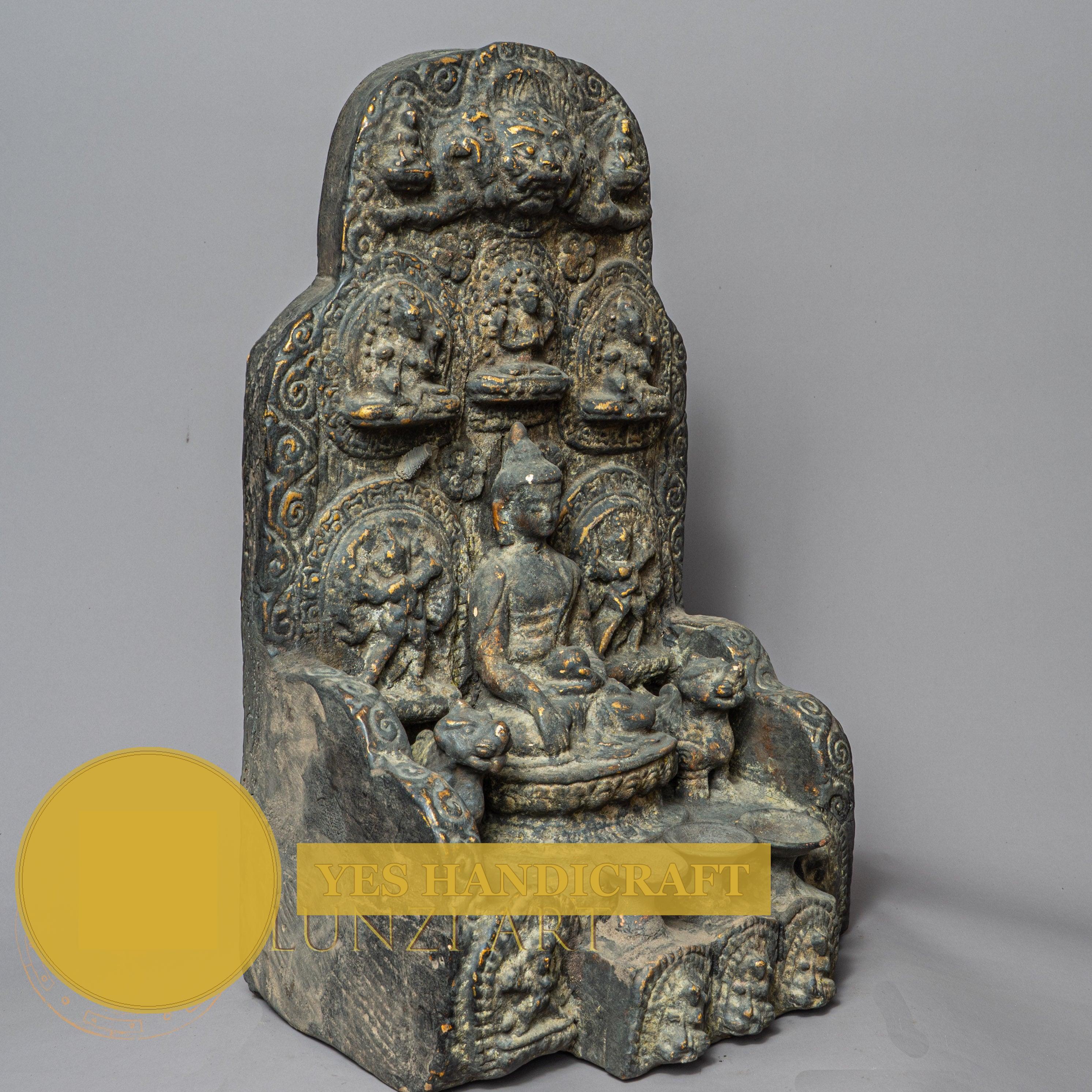 Handcrafted Shakyamuni Buddha Altar – Antique Style Wooden Shrine with Clay Relief Mandala
