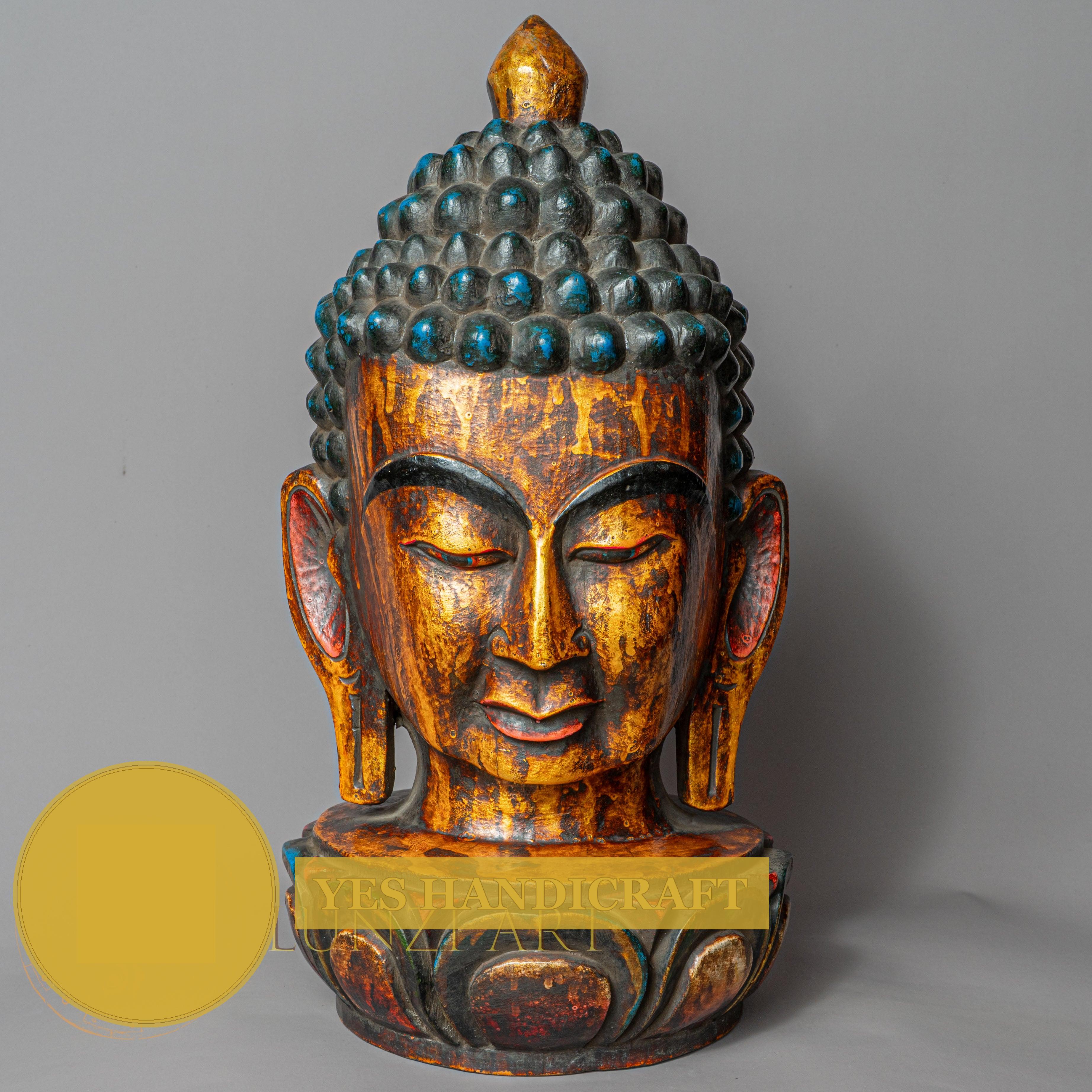 Hand-Carved Wooden Shakyamuni Buddha Head Statue | Antique Style Gold Bust
