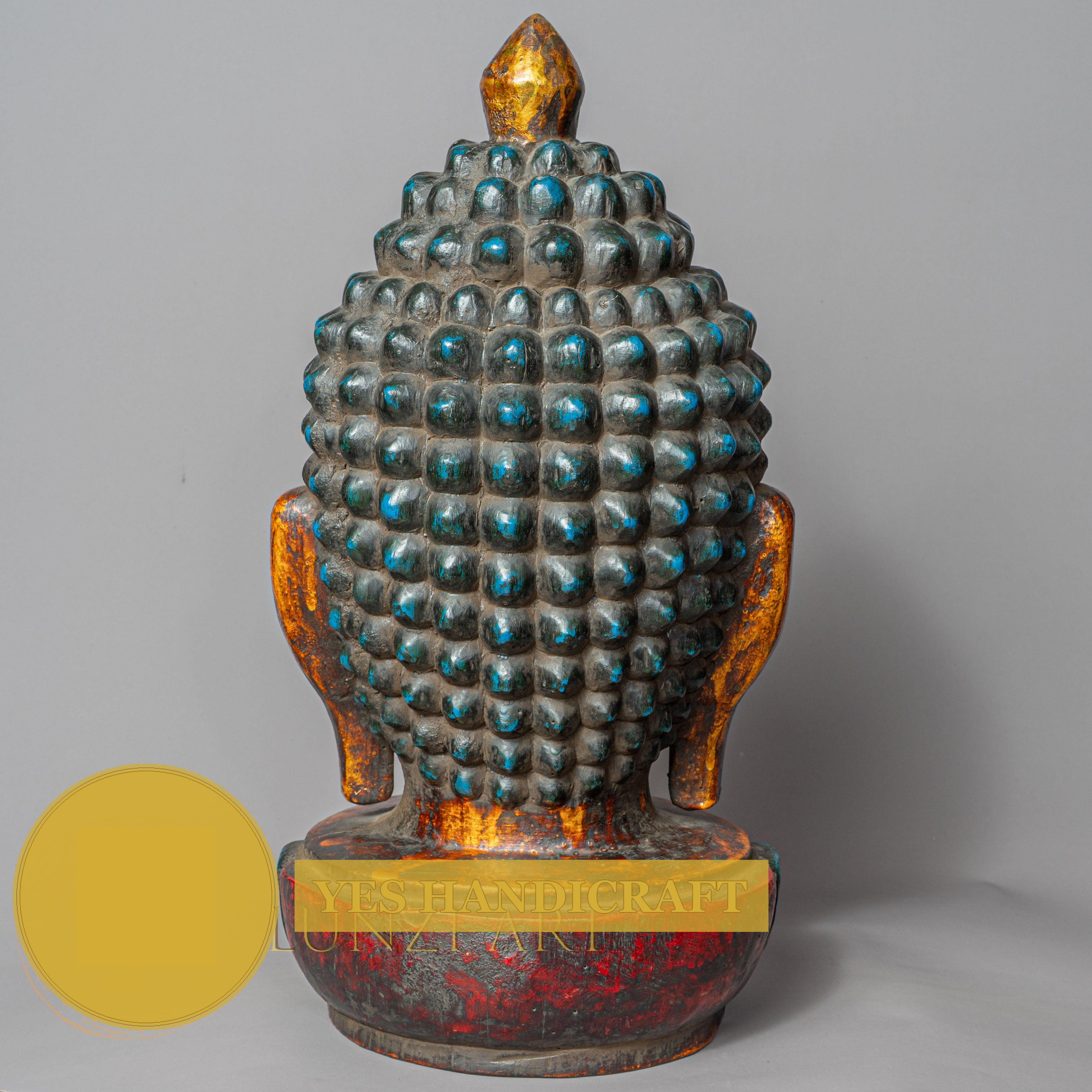 Hand-Carved Wooden Shakyamuni Buddha Head Statue | Antique Style Gold Bust