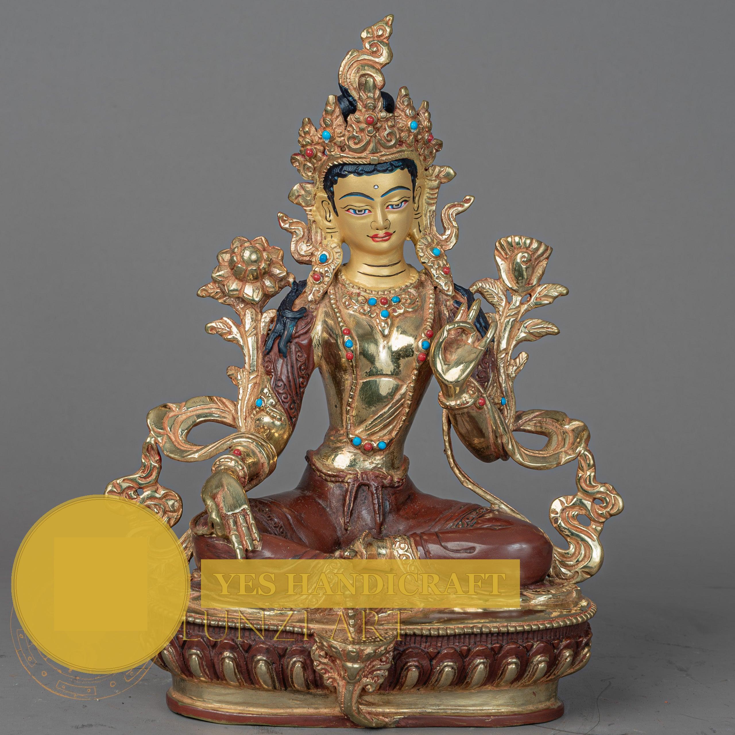 Handcrafted Green Tara Statue | Half Gold-Plated Copper