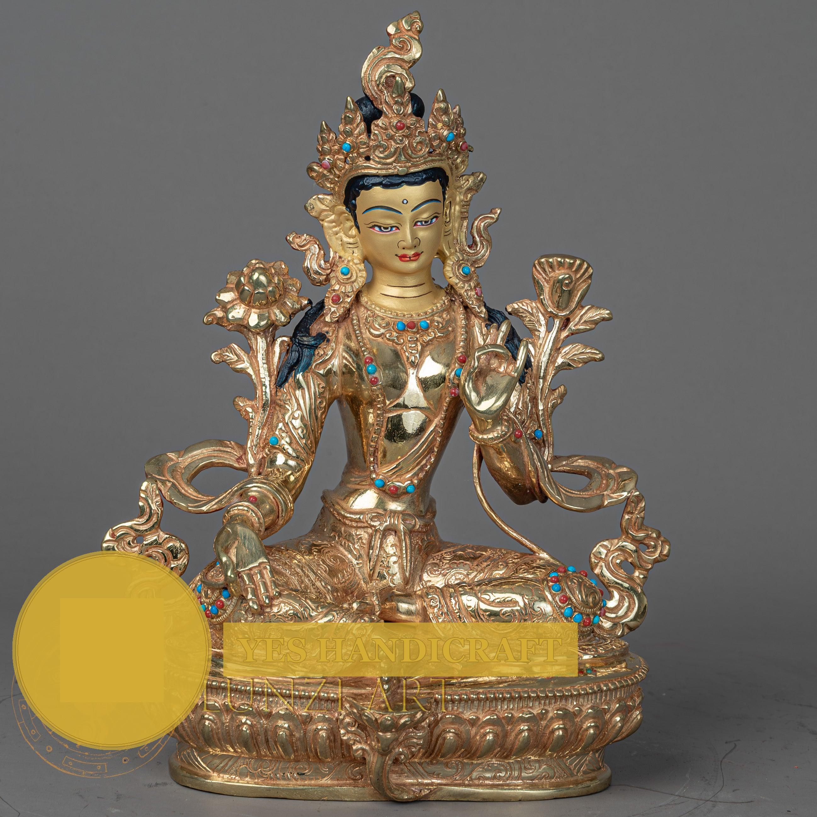 Green Tara | Handmade Copper Fully Gold-Plated Statue
