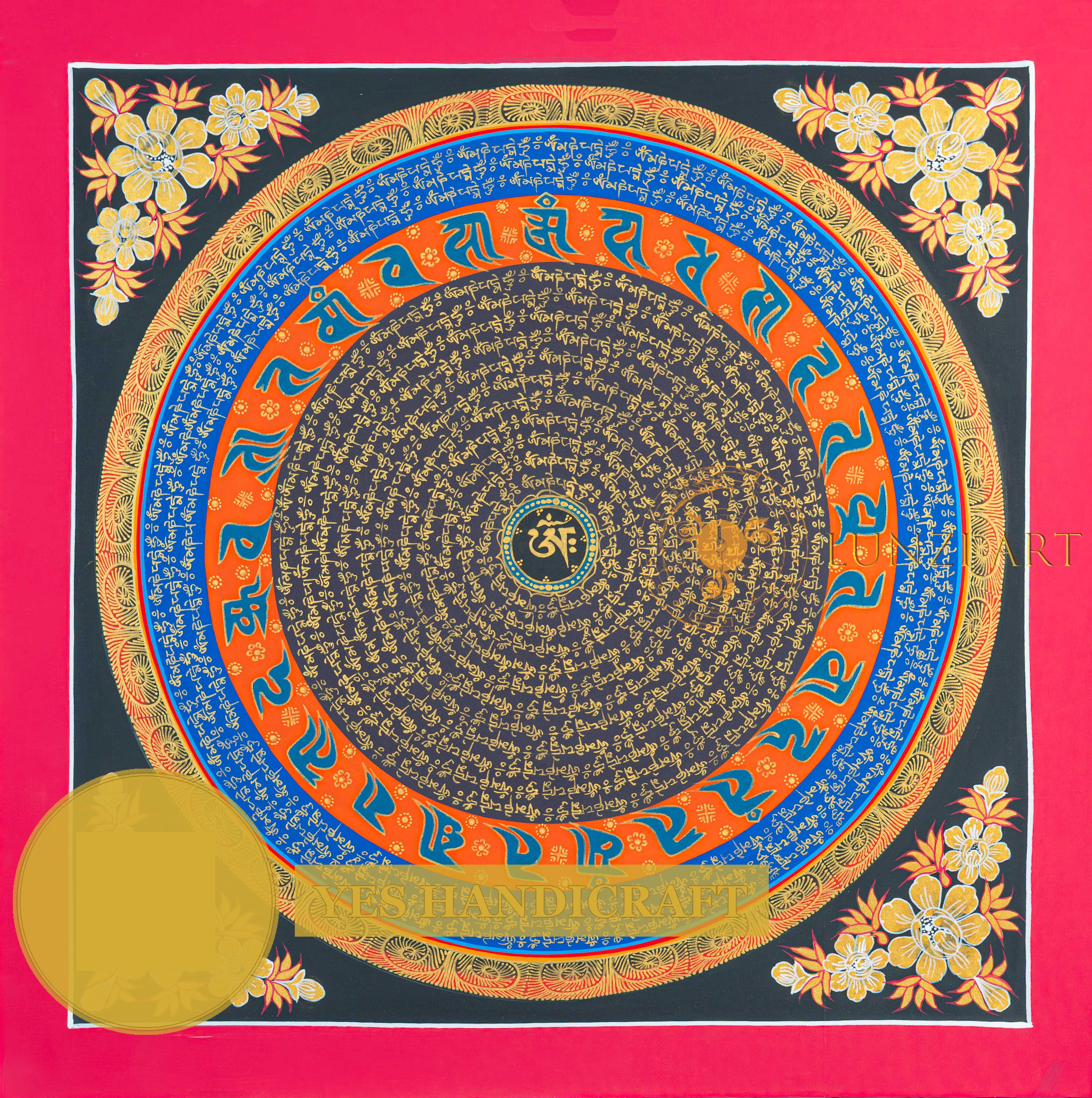 Om Mantra Mandala Thangka | Hand-Painted Gold & Blue Sacred Art
