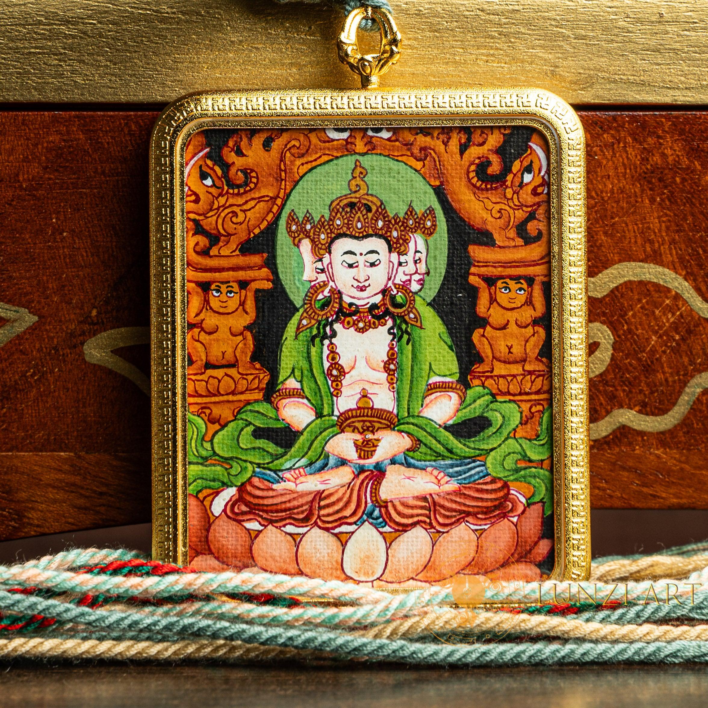 Hand-Painted Vairocana Buddha Rectangular Locket (Ghau) Thangka