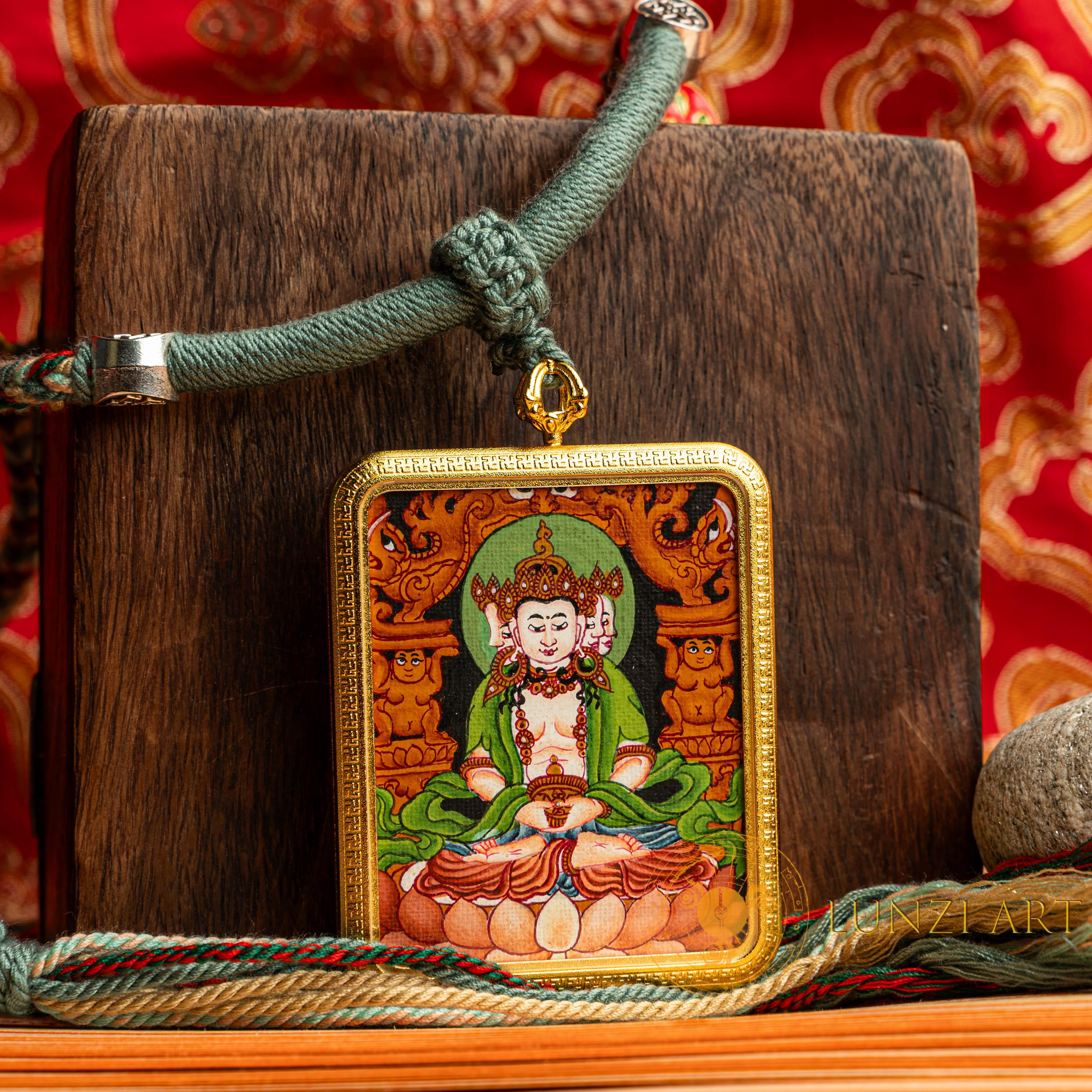 Hand-Painted Vairocana Buddha Rectangular Locket (Ghau) Thangka
