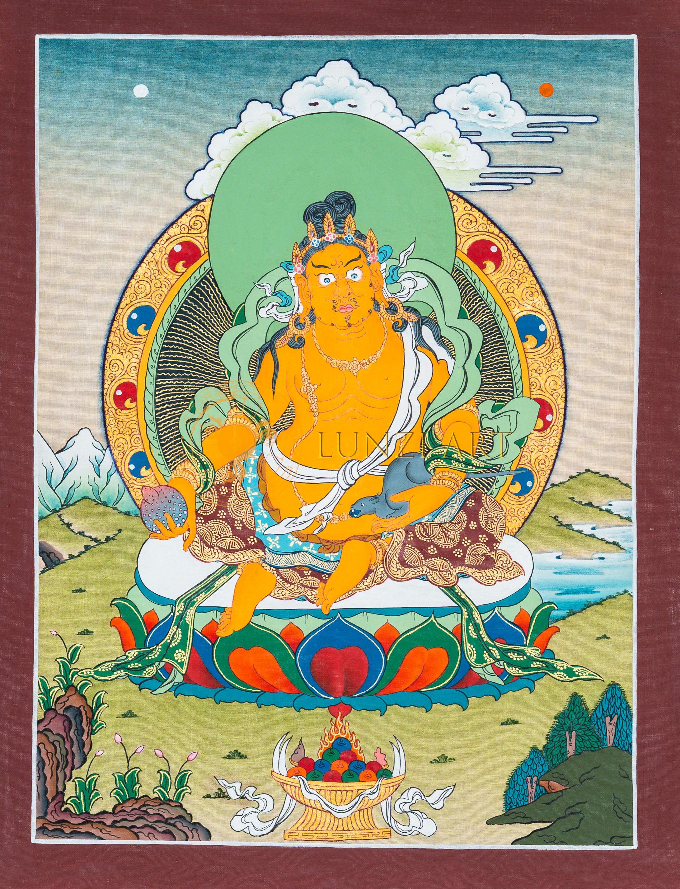 Yellow Jambhala Thangka: The Radiant Lord of Wealth and Abundance