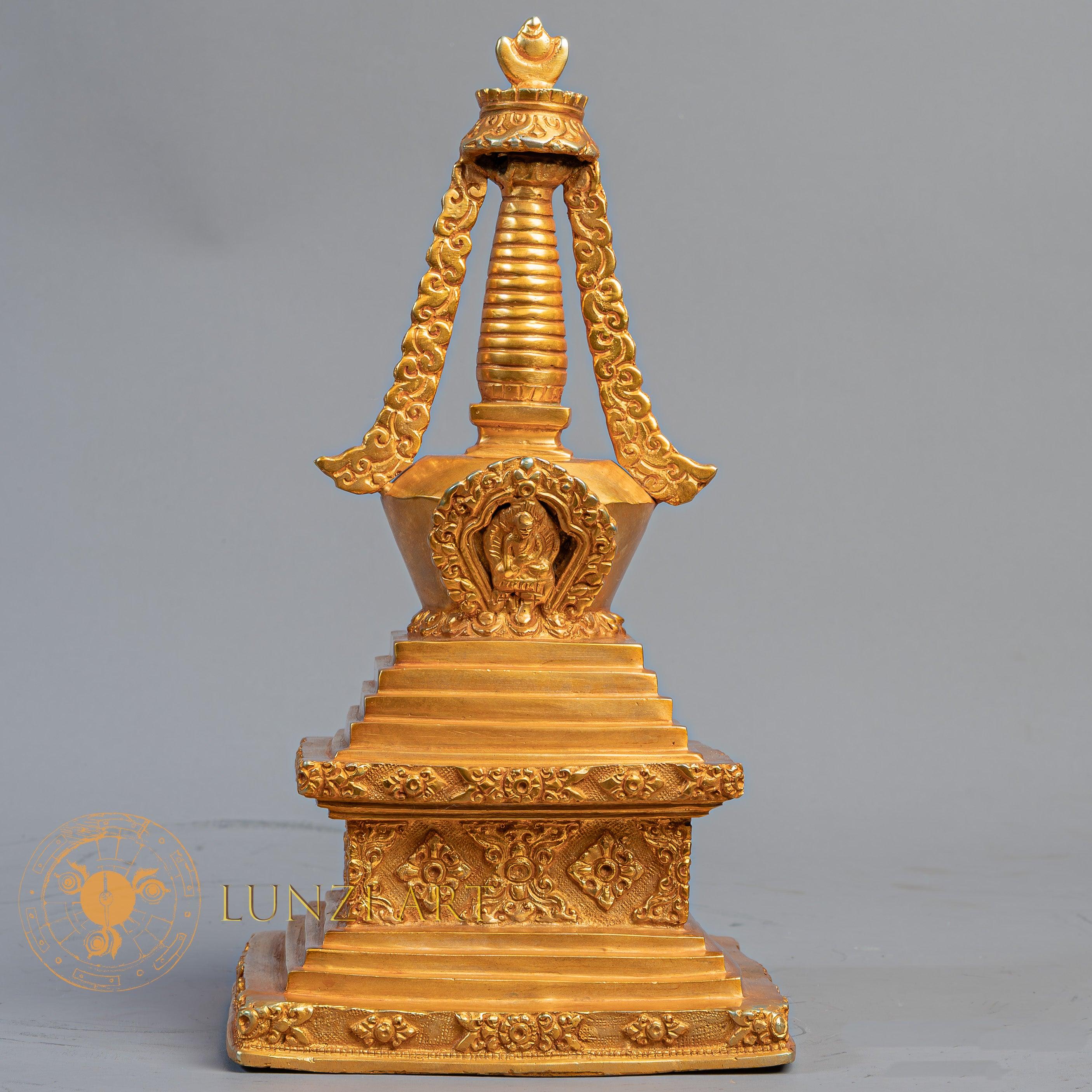 Handcrafted Chhorten Statue | Fully Gold-Plated Copper