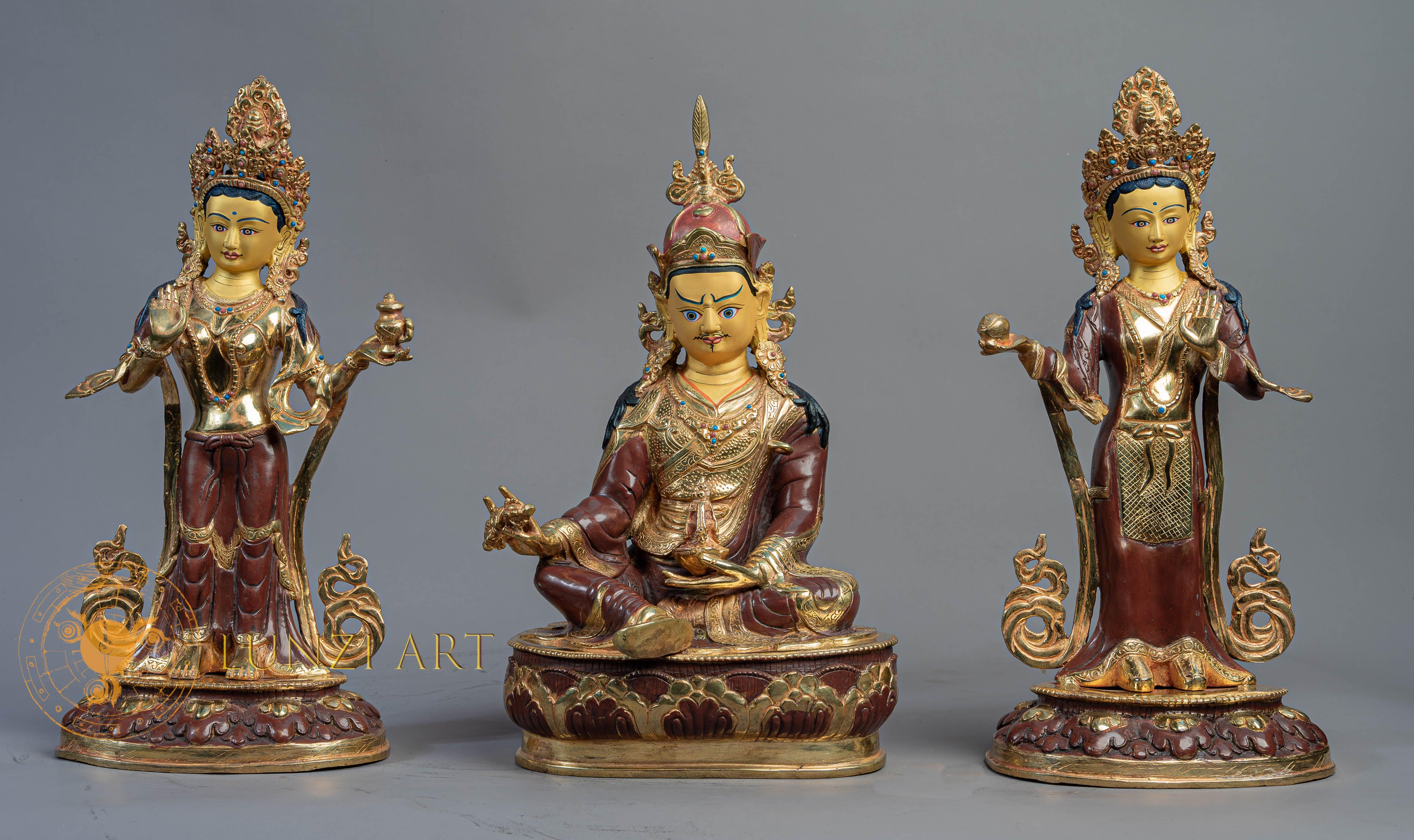 Handmade Guru Rinpoche with Yeshe Tsogyal & Mandarava Statue | Half Gold-Plated Copper