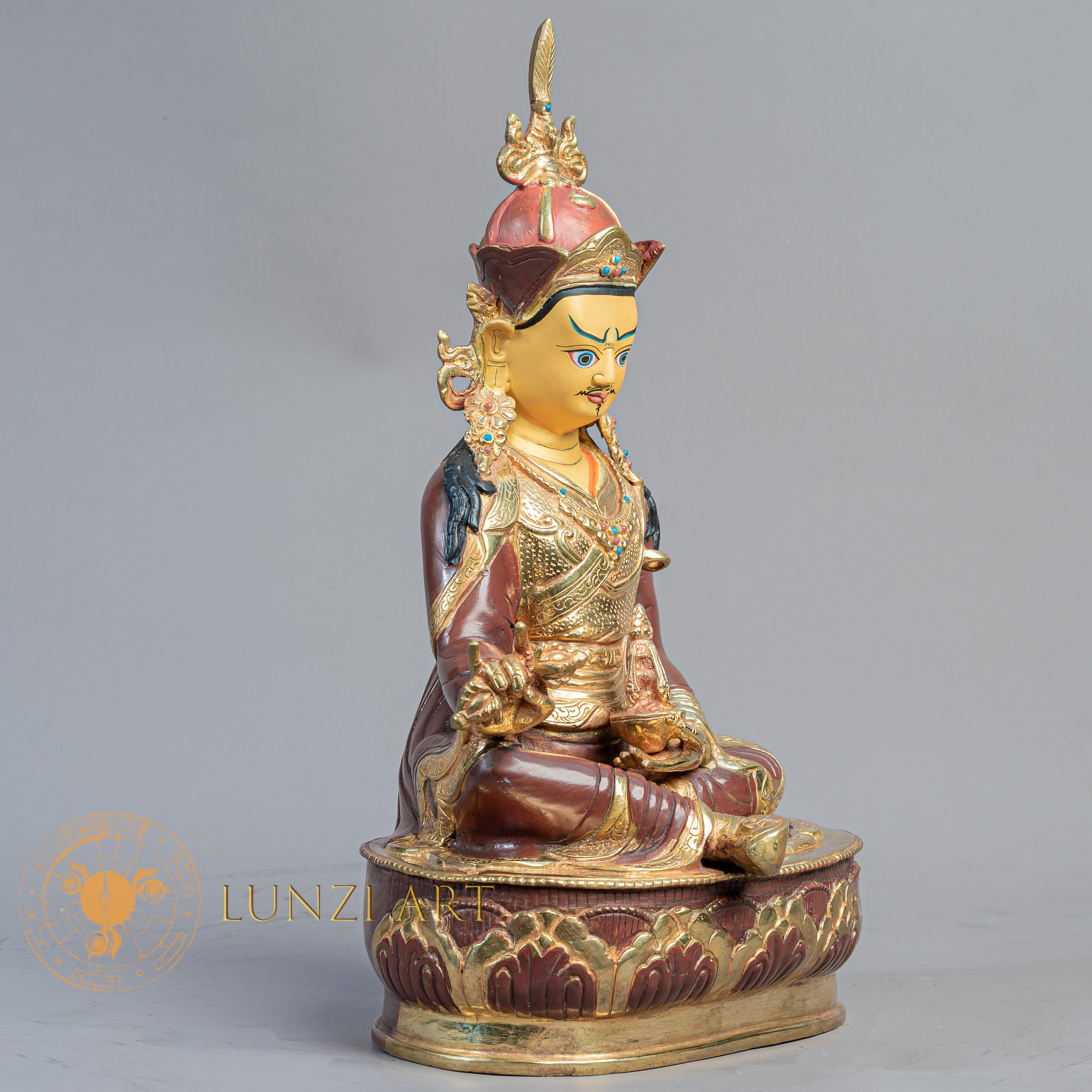 Handmade Guru Rinpoche with Yeshe Tsogyal & Mandarava Statue | Half Gold-Plated Copper