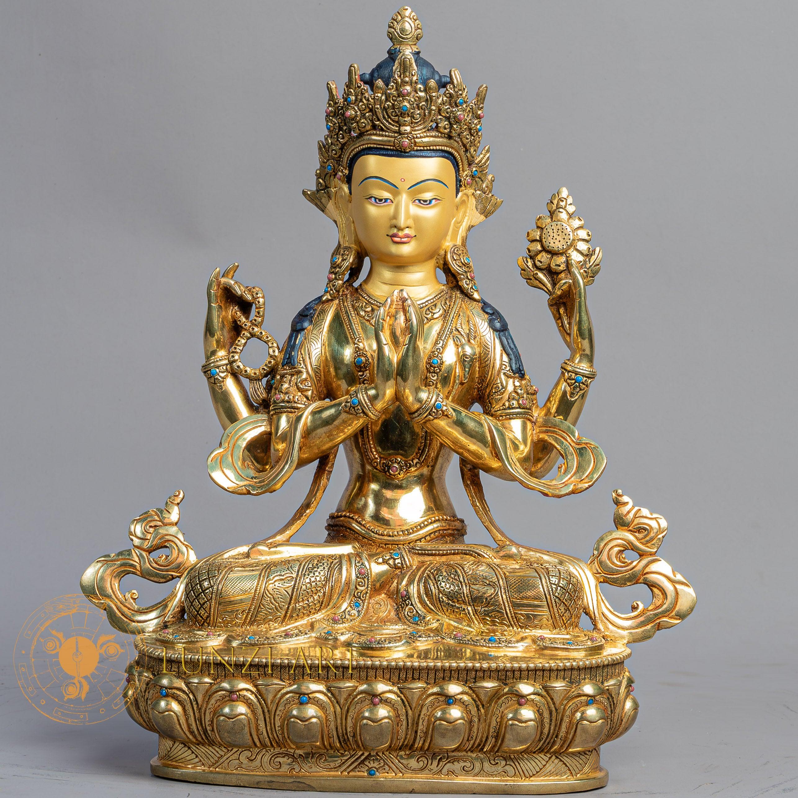 Handcrafted Chenrezig Statue | Fully Gold-Plated Copper