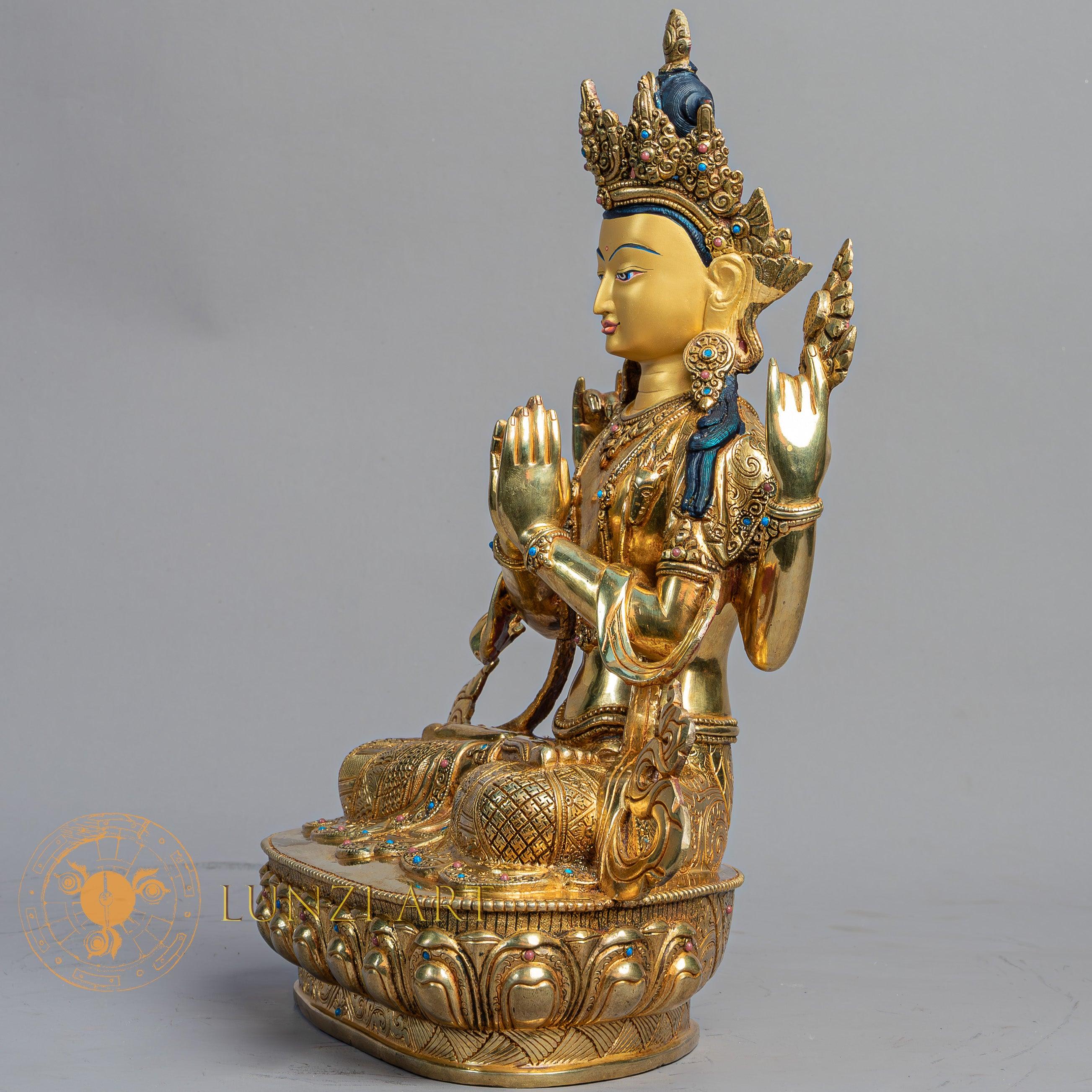 Handcrafted Chenrezig Statue | Fully Gold-Plated Copper