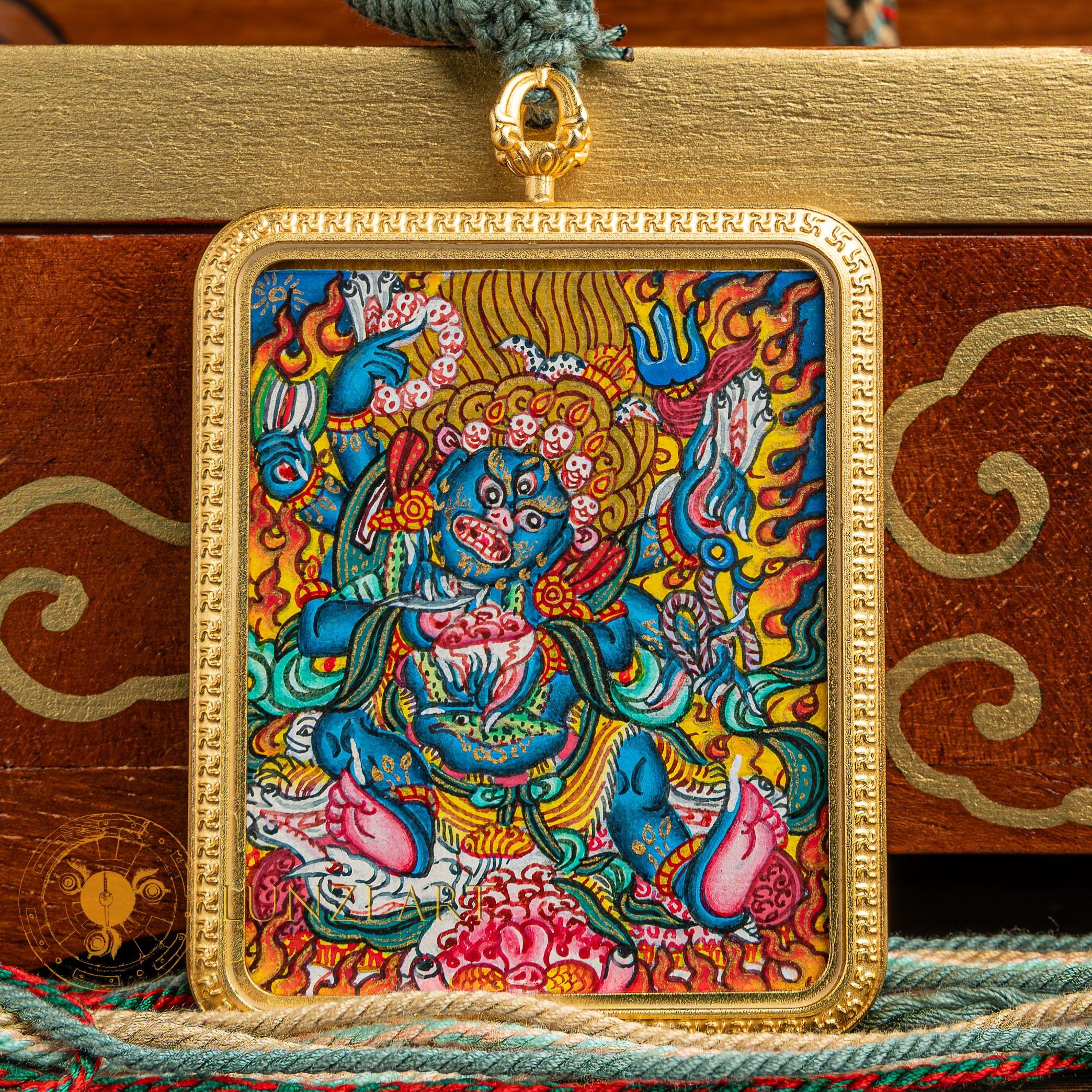 Hand-Painted Mahakala Locket Thangka: Supreme Dharma Protector