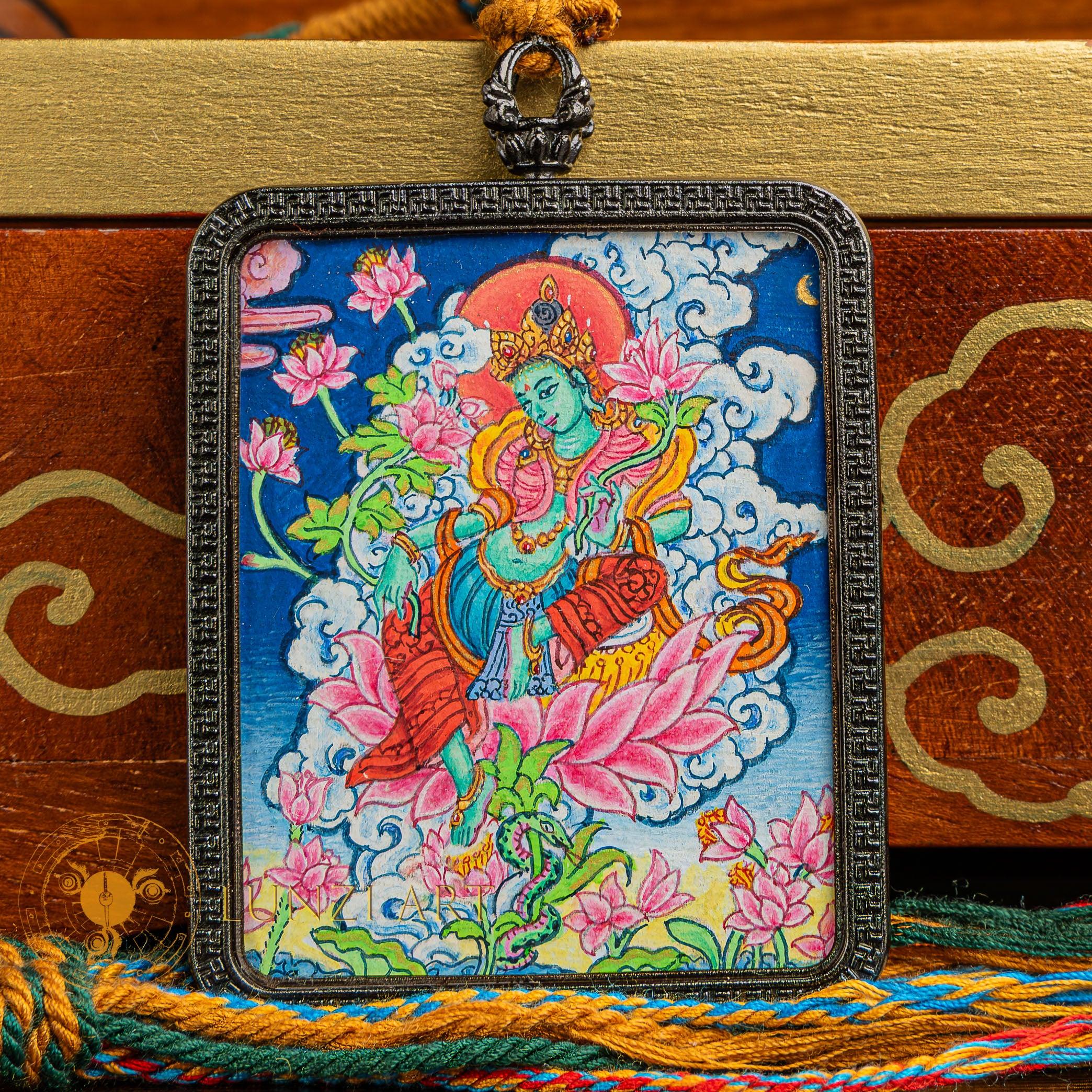 Hand-Painted Green Tara Paubha Locket: The Swift Savior