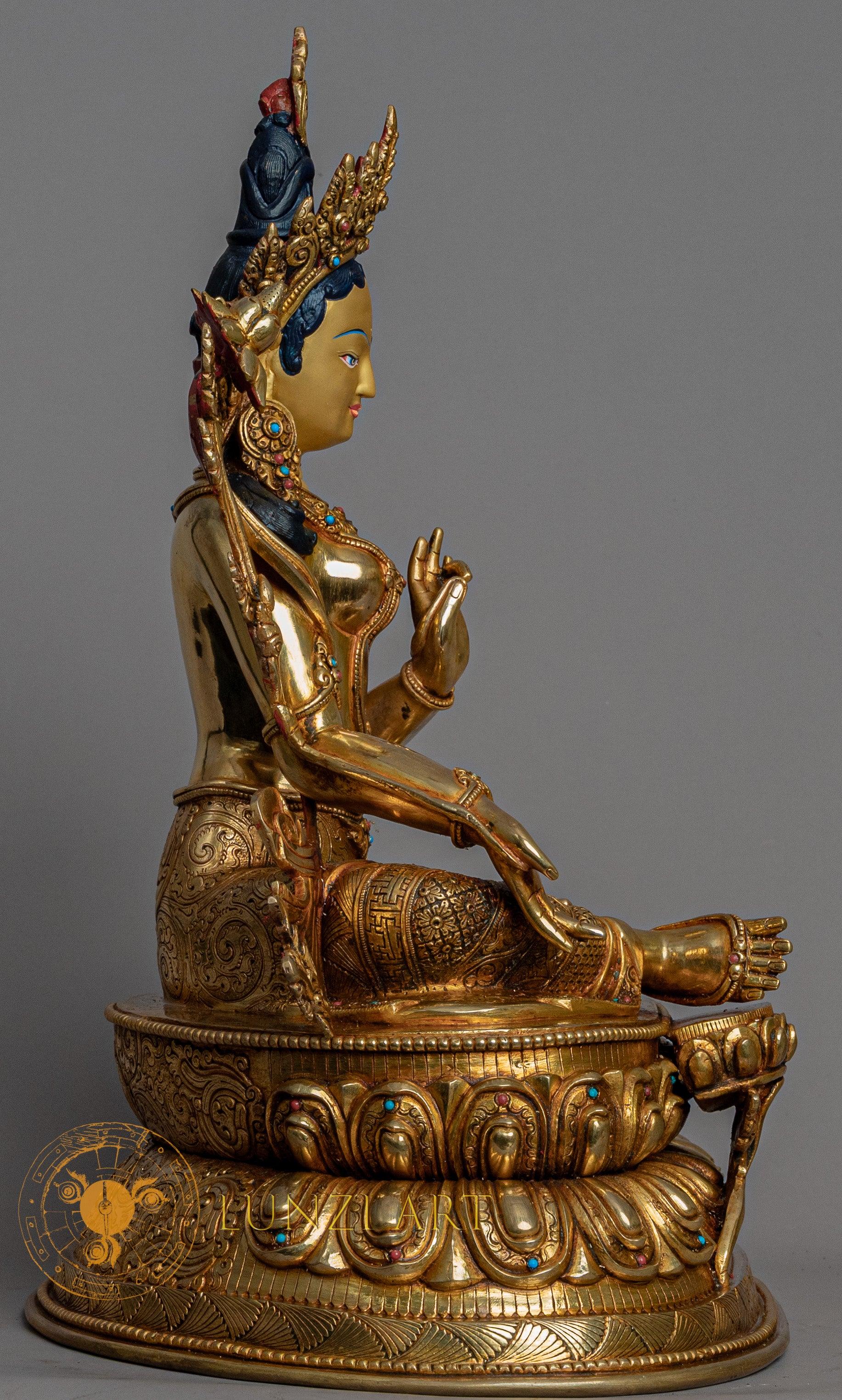 Green Tara Sculpture | Handmade Fully Gold-Plated Copper Statue