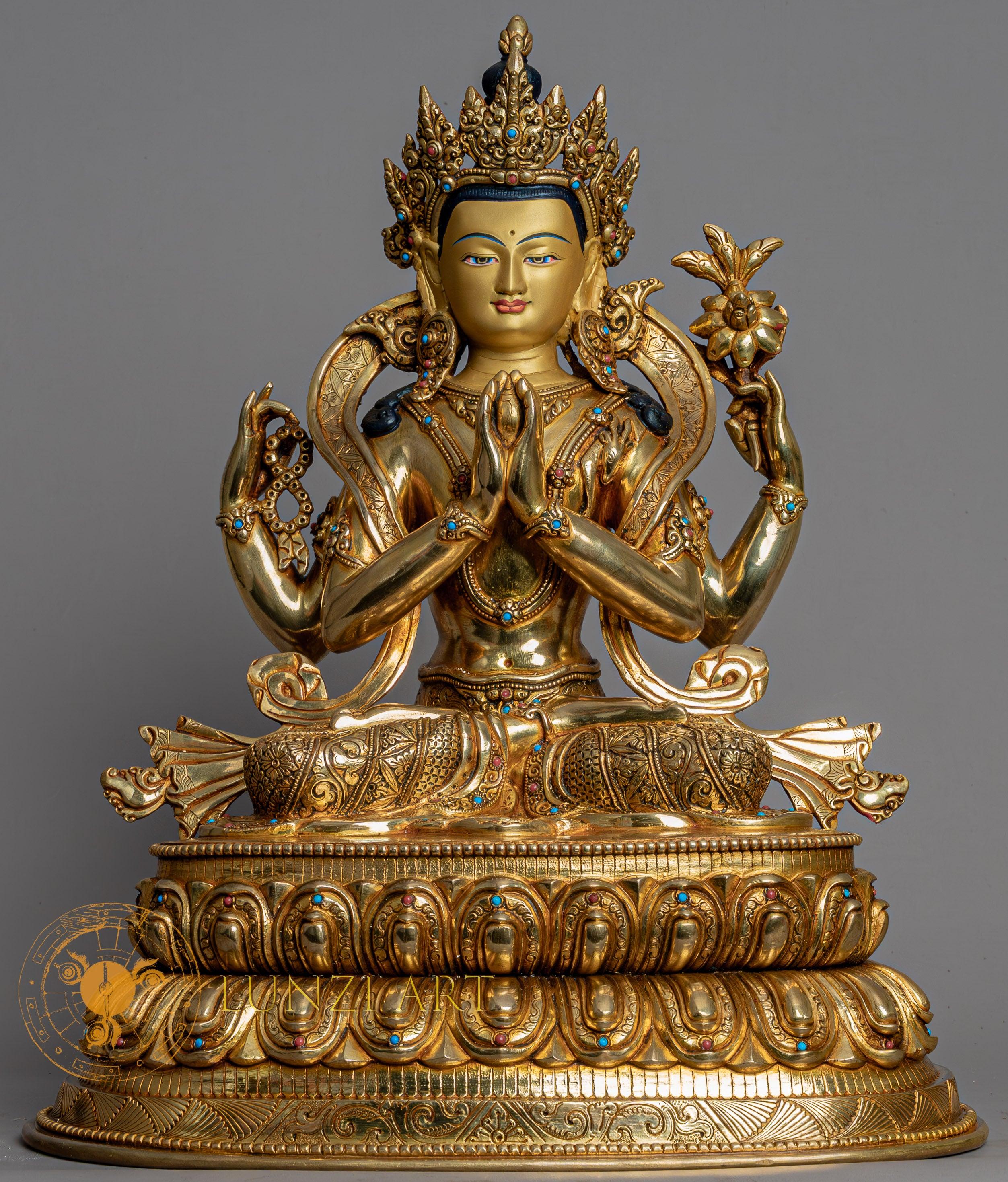 Four Armed Chenrezig Statue | Fully Gold-Plated Copper