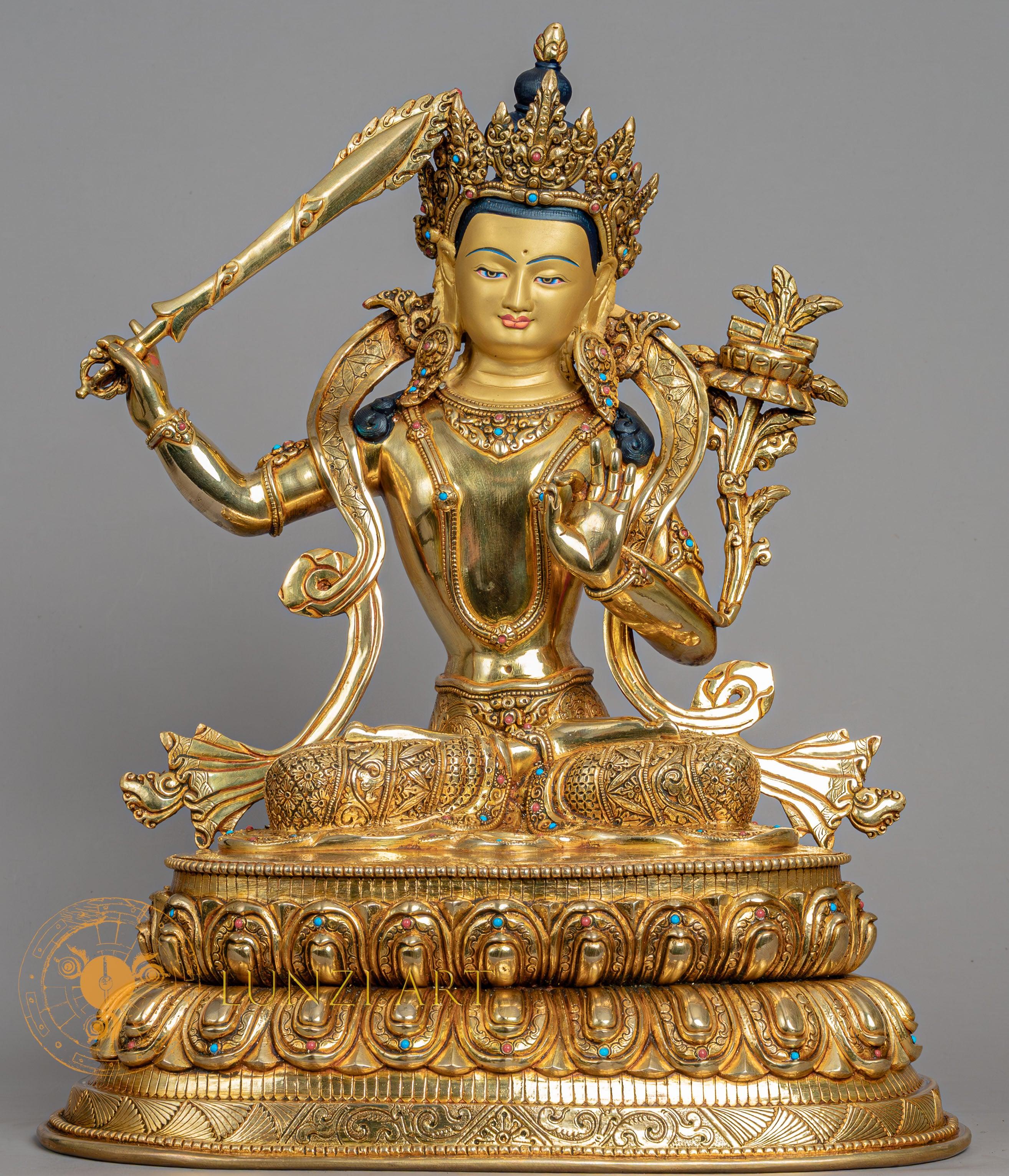 Manjushri Sculpture | Handmade Fully Gold-Plated Copper Statue