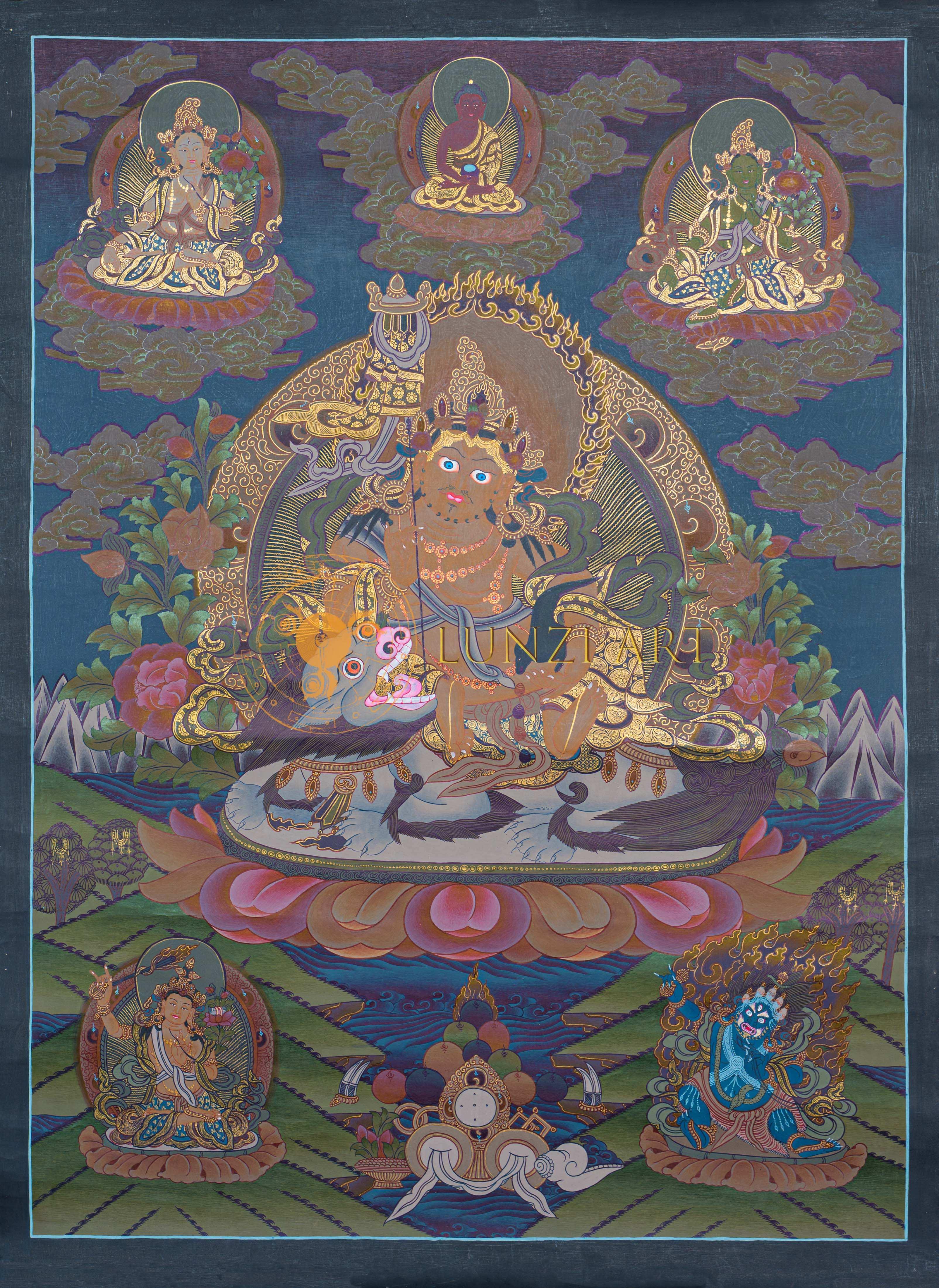 Hand-Painted Lion Jambhala Thangka