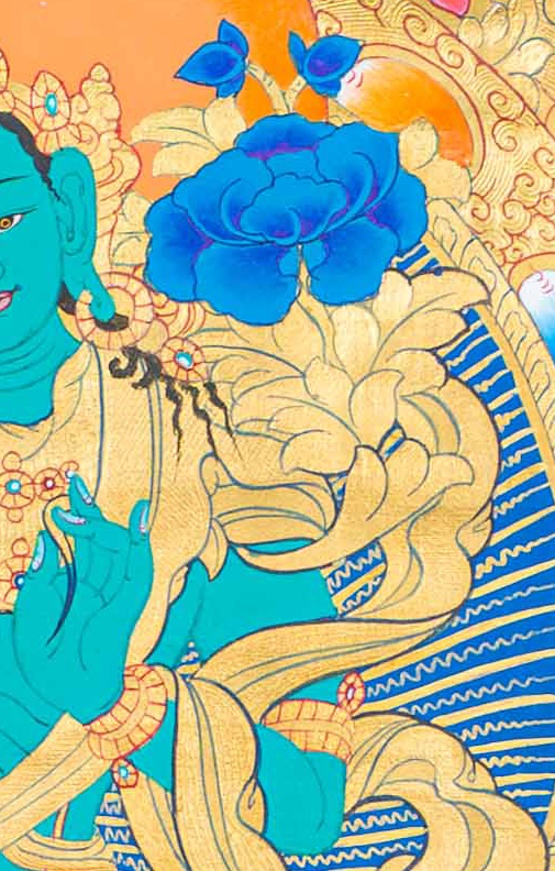 Hand-Painted Green Tara Thangka Lapped by Gold