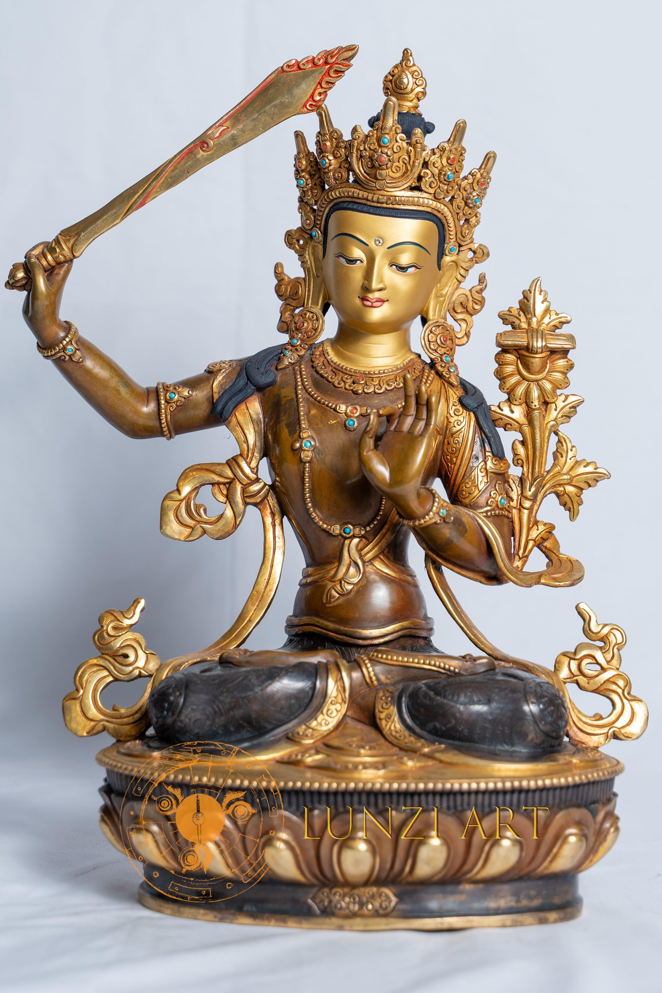 Handcrafted Manjushri Statue |  Half Gold Plated Copper