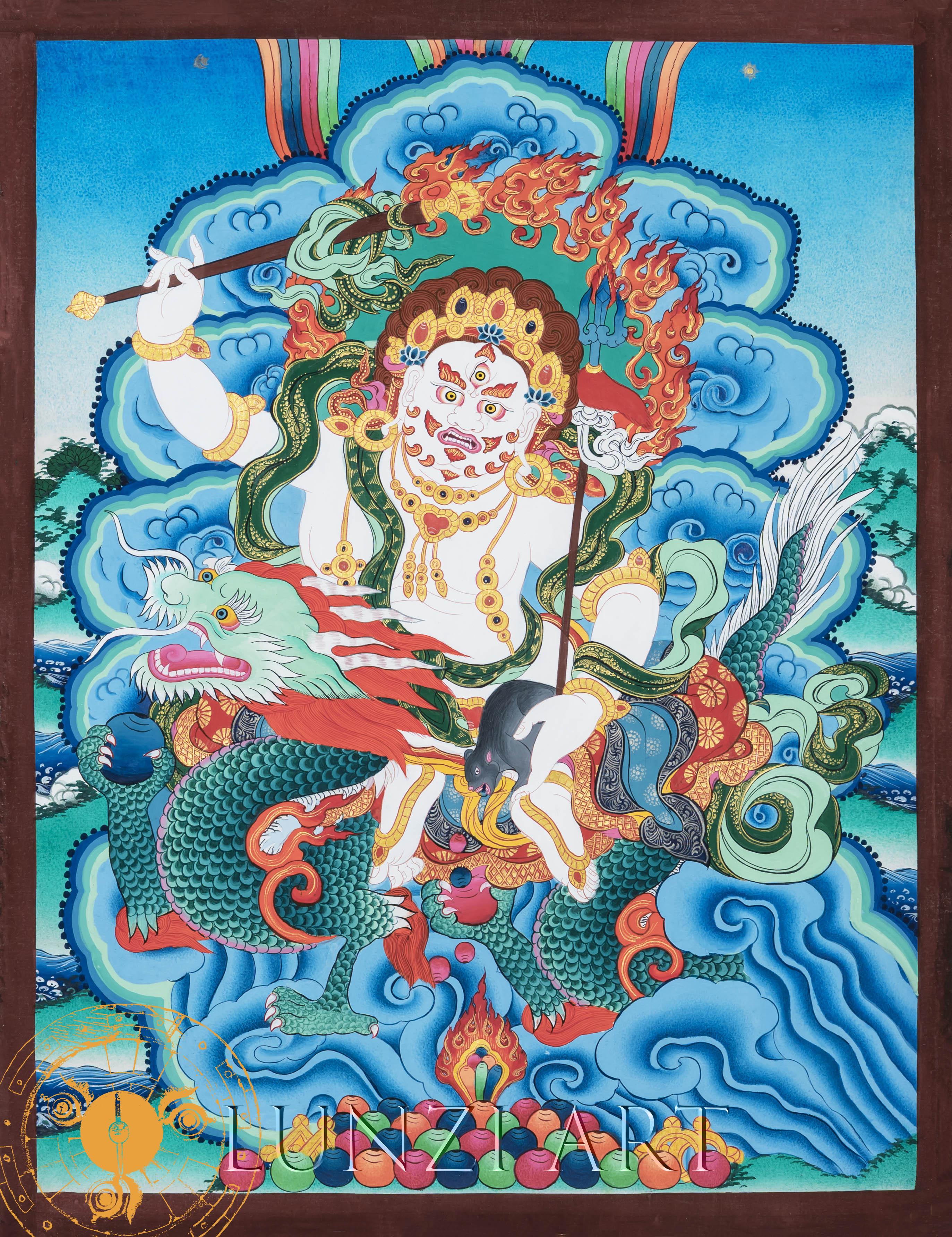 Hand-Painted White Jambhala Thangka: Sacred Prosperity & Compassion
