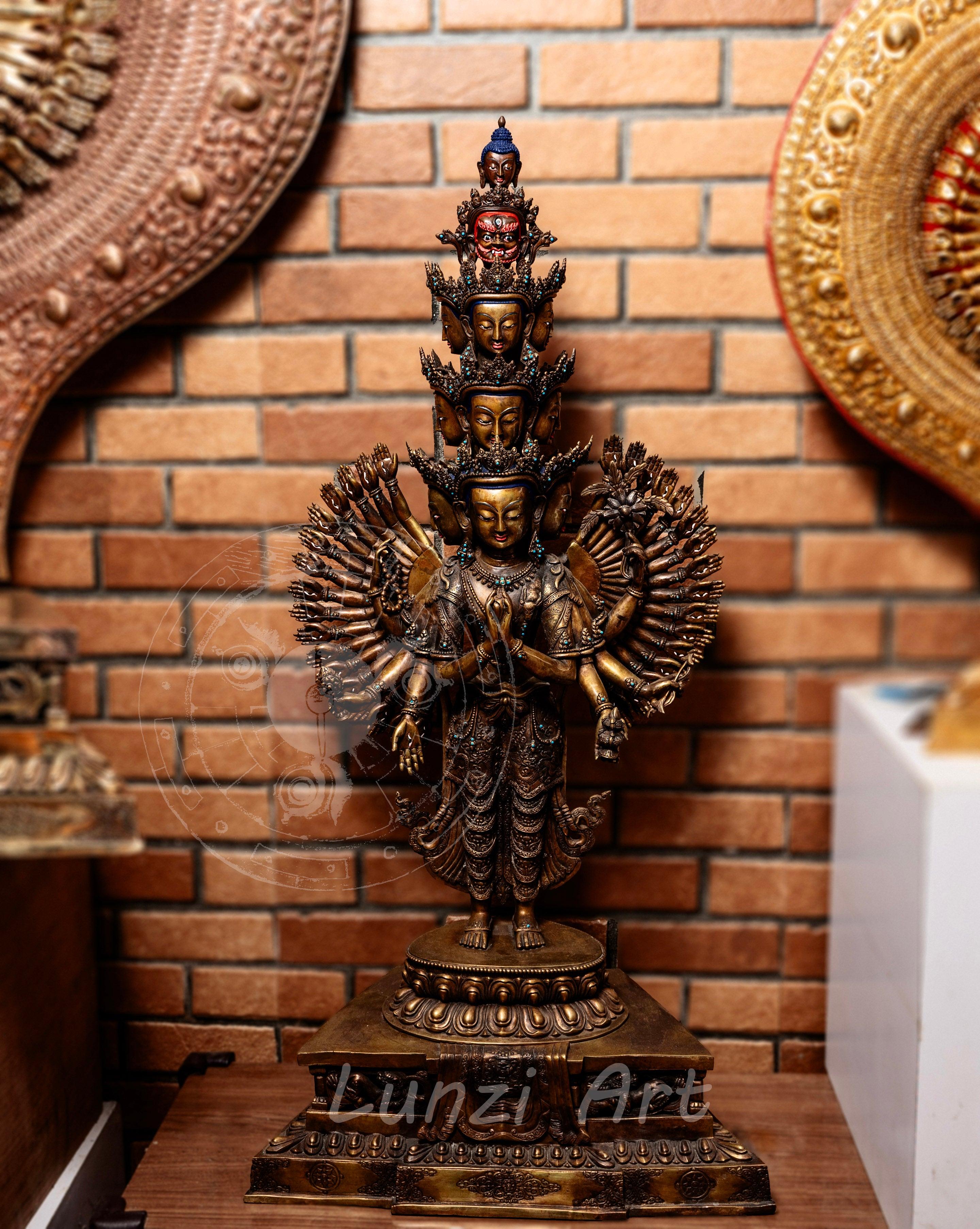 Multi-Faced Avalokiteshvara Standing Statue in refined oxidized copper